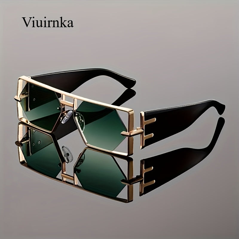 Unisex Oversized Hollow Square Sunglasses, Protection & Metal Frame, Trendy Exaggerated PC Lens Sunglasses, Beach Vacation Travel Essential, Includes Protection Case, Summer Fashion Accessories, Lightweight Durable Eyewear