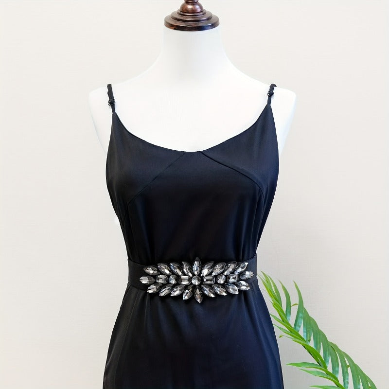Ladies Fashion Shiny Big Bead Glass Synthetic Gem Exaggerated Gorgeous Style Dinner Stretch Belt