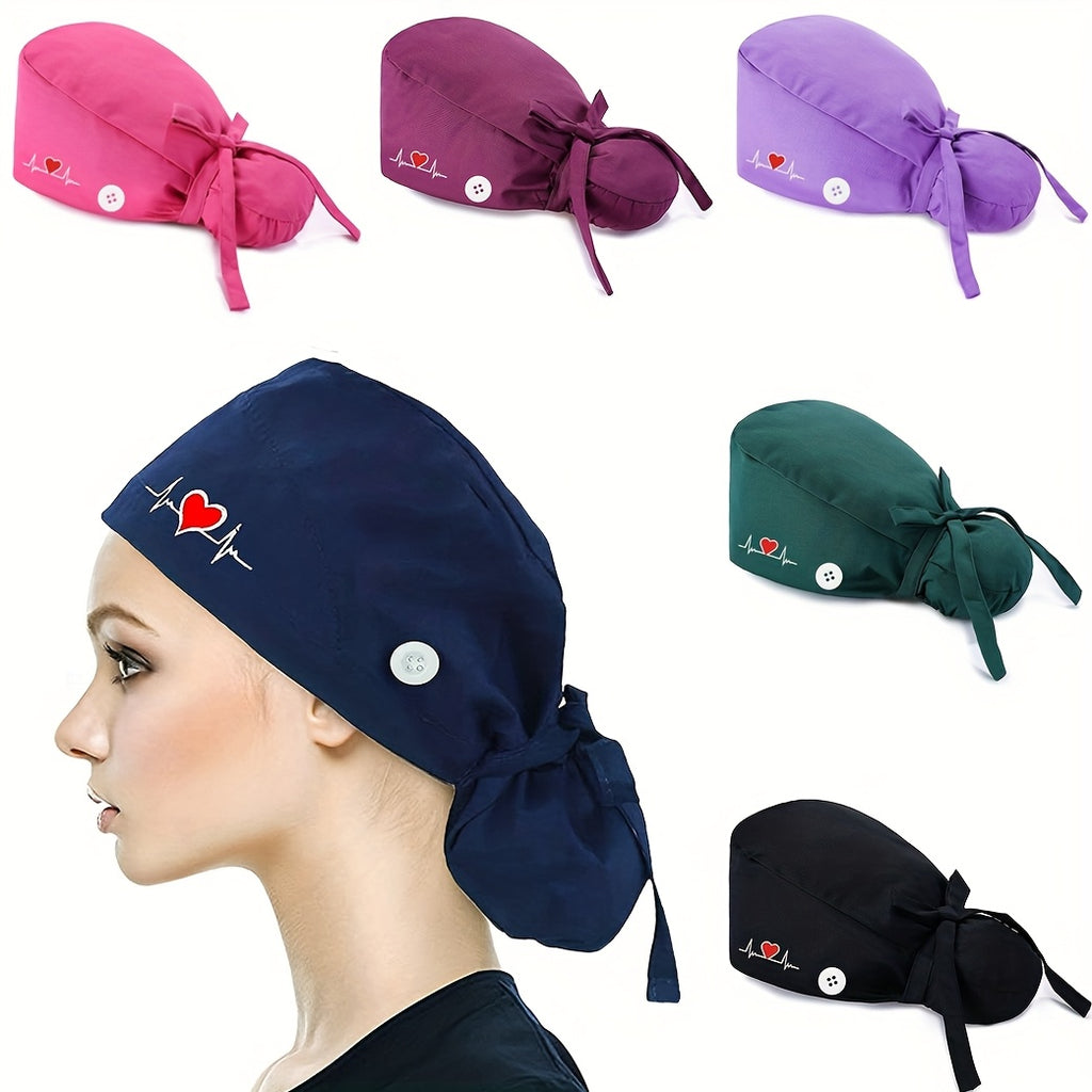 6pcs Adjustable Scrub Caps for Women - Professional Nursing Working Hat with Heart, Lightweight And Breathable, Ponytail Holder, Ideal for Nurses & Doctors