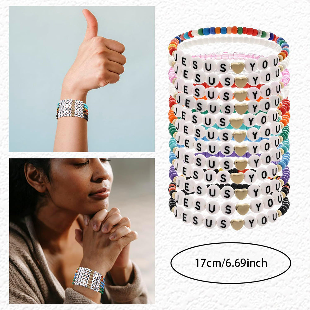 24pcs Bracelet Bulk Handmade Clay Beads Jesus Friendship Bracelet Christian Jesus Love You Jewelry Accessories Christmas Easter Gift