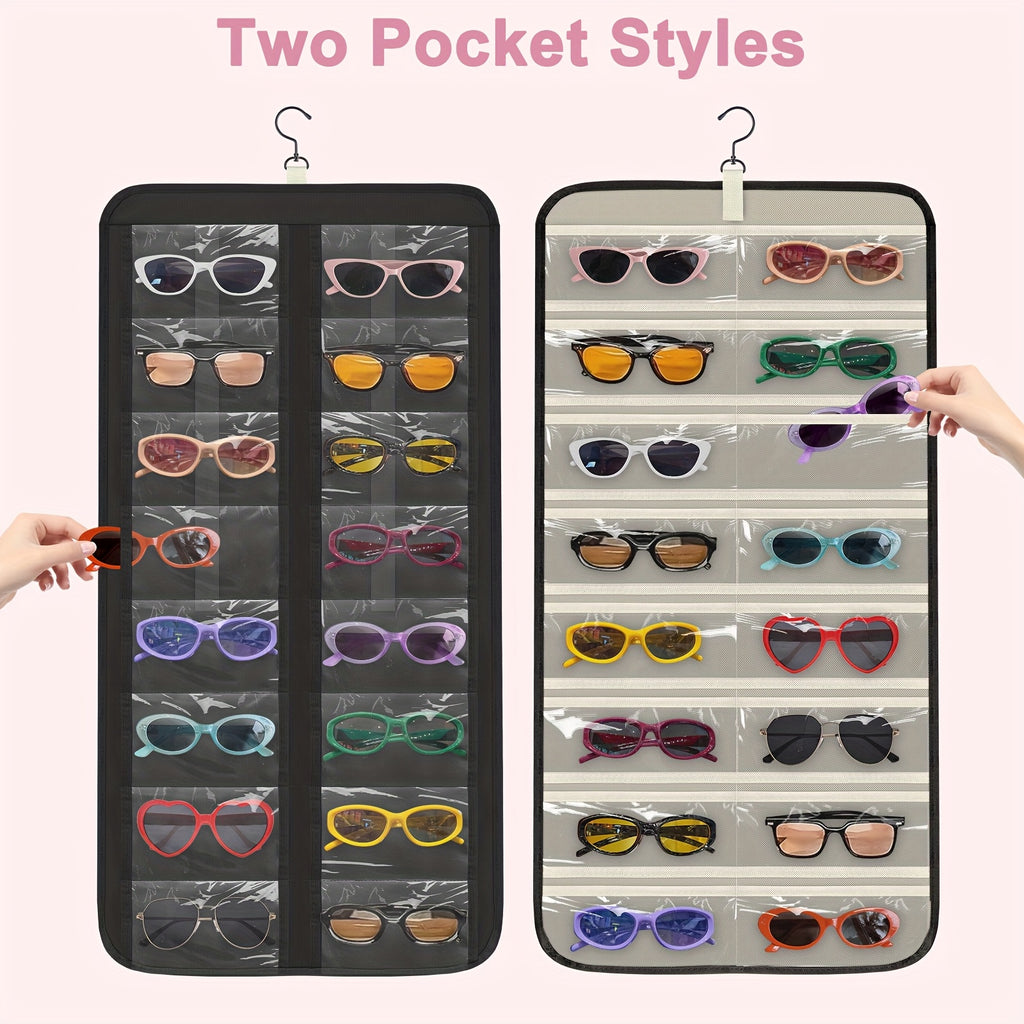 Hanging Fashion Glasses Organizer, -Sided Glasses Case and Jewelry Storage Holder, Wall-Mounted, 32 Clear Slots, Dust-Proof for Travel