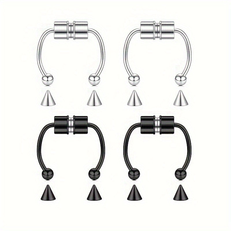 12pcs Set Of Magnetic Fake Nose Rings with Replacement Ball Nose Clip Silvery Black Stainless Steel Punk Style Septum Ring for Women, Safe And Painless Nostril Non Piercing Jewelry
