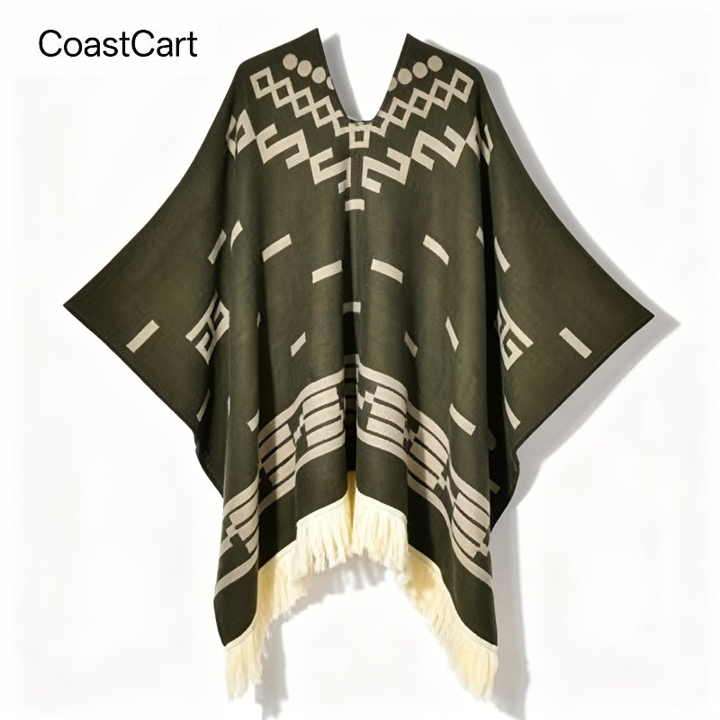 Men's Vintage-Style Warm Poncho - Geometric Pattern, Tassel Detail, Cozy Acrylic Shawl for Outdoor Adventures