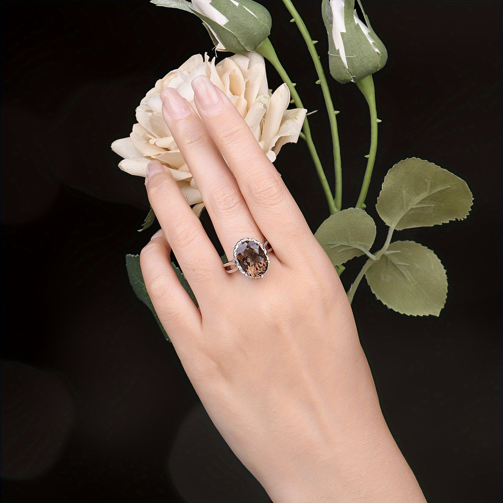 1pc 925 Sterling Silver Elegant And Luxury Exquisite Oval Cut Huge Natural Smoky Quartz Silver Ring for Women for Prom Party Banquet for Dating Gift Fine Jewelry