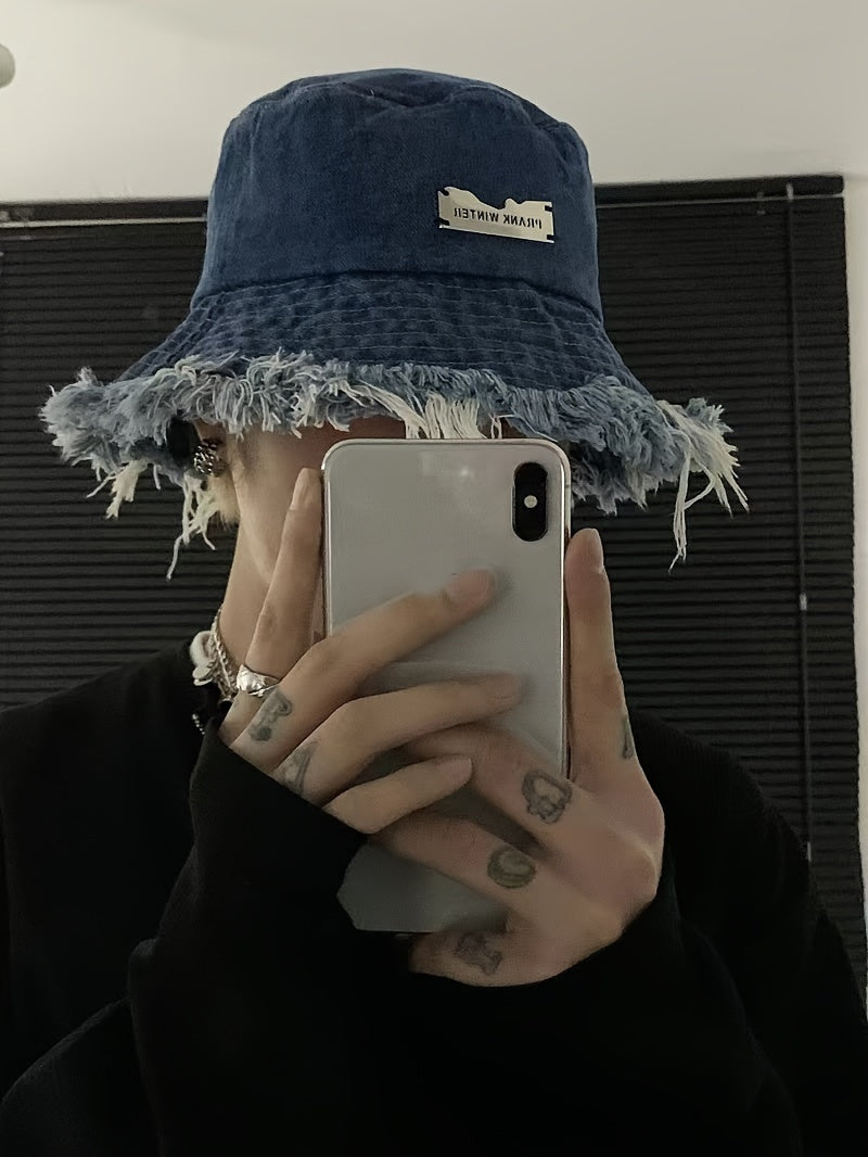 Lightweight Blue Bucket Hat with a Raw Hem, Featuring a Distressed Look, Perfect for Casual Sun Protection for Both Men And Women