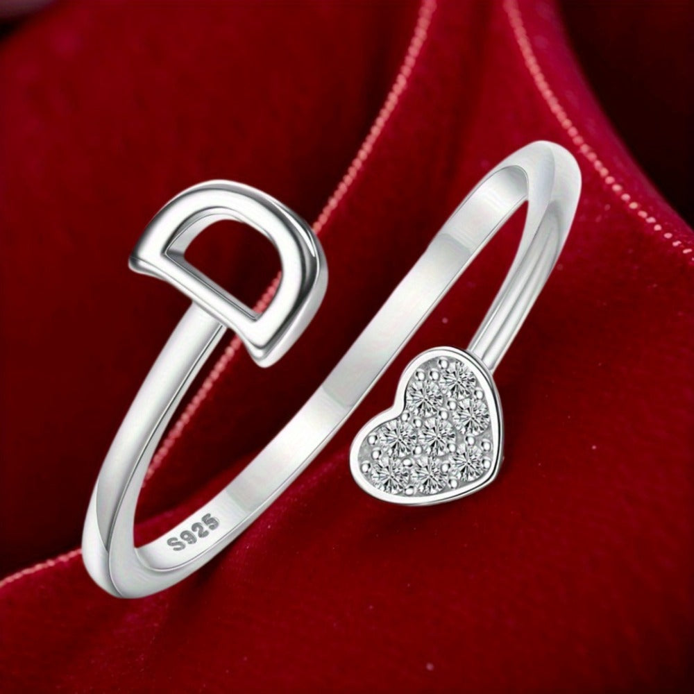 1pc 925 Sterling 925 Silver Letter Heart Initial Rings for Men Initial Heart Stackable Rings Adjustable Initial Rings for Men Cute Heart Alphabet Valentine's Day Jewelry Gifts, the best Christmas gift, Total weight of the product (3.2g)