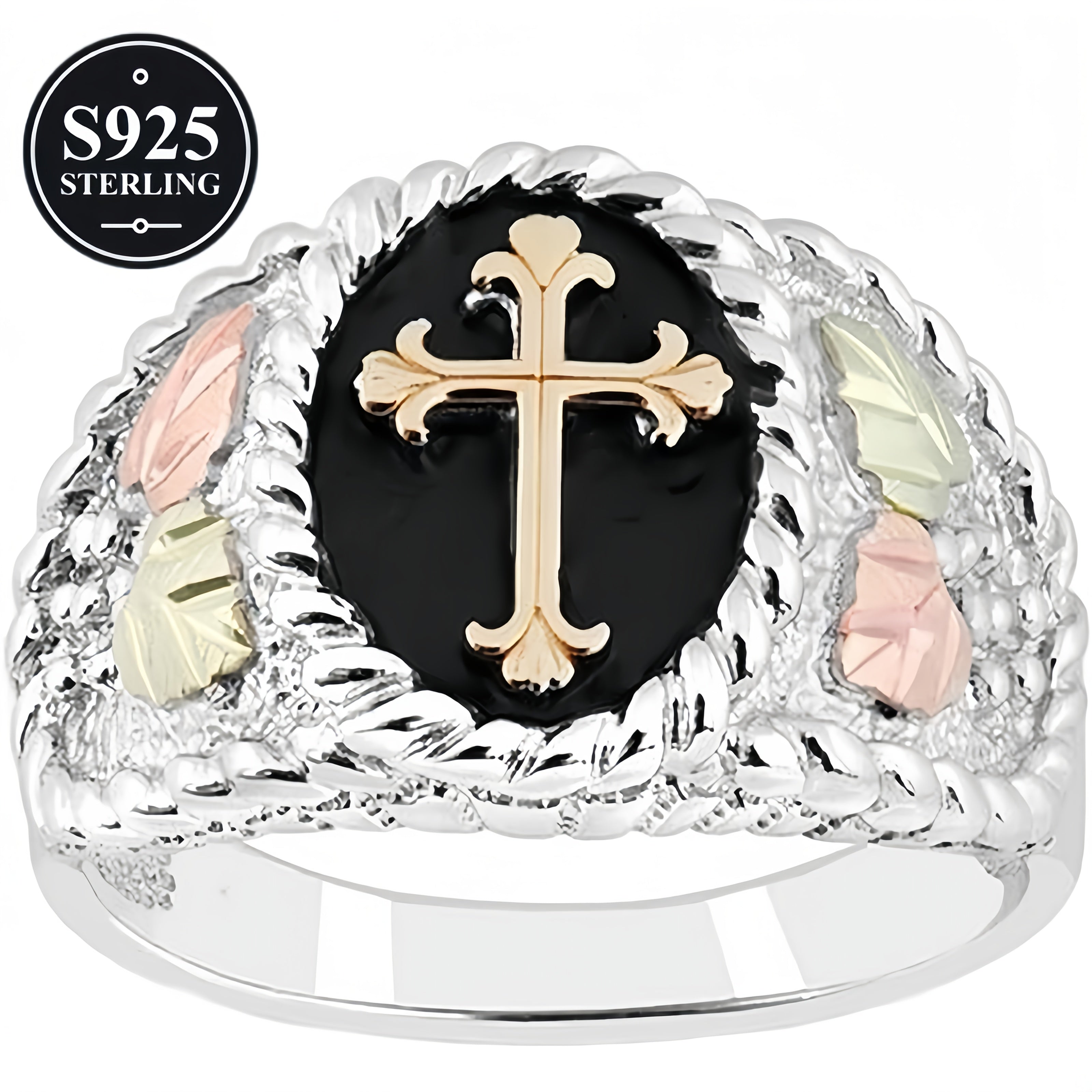 Fashion S925 Pure Silvery Men's Cross Ring - Black Mountain Golden Pattern Design - Suitable for Daily Parties, Banquets, Valentine's Day Gifts - Perfect Gift for Boyfriends And Fathers