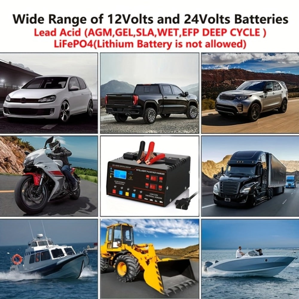 12V&24V Intelligent Universal Battery Charger With LCD Display, Smart Repair, Temperature Compensation, Overcharge And Short Circuit ProtectionSuitable For Intelligent Trickle Charging Of Cars, SUV, Trucks, Yachts, Motorcycles Battery Maintenance