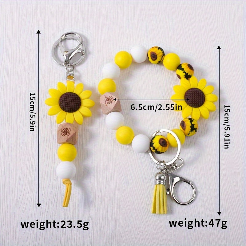 2-4pcs/set Sweet And Cute Cartoon Sunflower Charm Handmade Beaded Keychain for Wrist Short Tassel Key Ring Accessory Bag Pendant Accessory Perfect Gift for Friends
