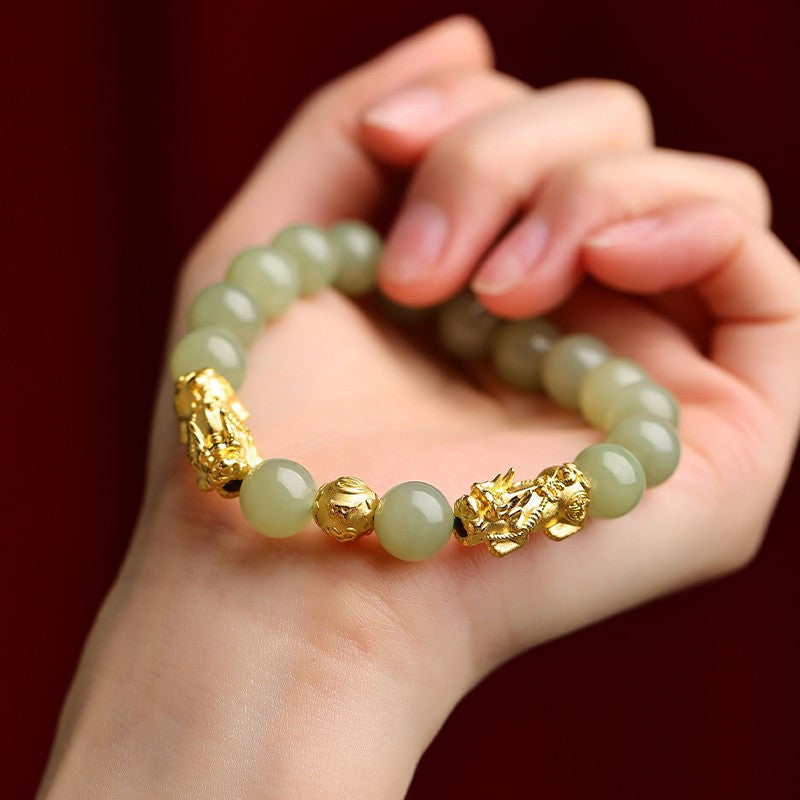 4pcs Handmade Natural Stone Pi Xiu Bracelets - Wealth Attracting Green Malachite Beads with Golden Accents, Traditional Chinese Jewelry for Good Luck & Prosperity, 8mm Beads + Free Storage Pouch, Bracelet Beads, Elegant Bead Design, Intricate Beadwork