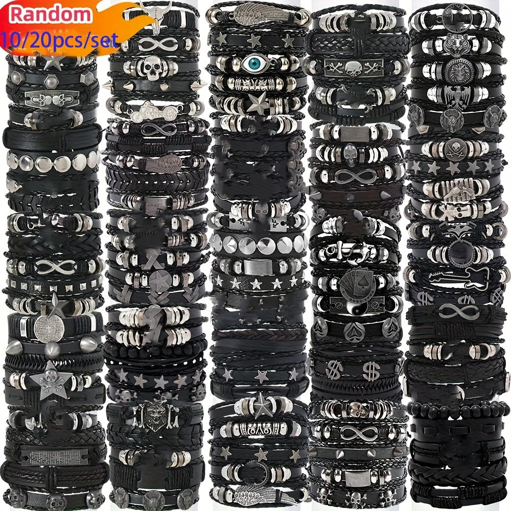 Random10/ 20/ 30pcs Punk Hip Hop Style Faux Leather Bracelets Set Multi-layer Skull Cross Star Halloween Chic Infinity Symbol Design Vintage Black for Teen And Gifts Thanksgiving Father's Day Graduation Creative Metal Dots Fashion Jewelry