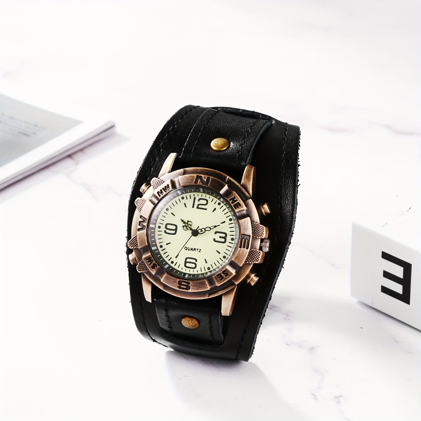 Vintage Steampunk Wide Leather Strap Analog Quartz Watch, Biker Watch, Round Case, For Men And Women, Halloween Christmas Father'S Day Mother'S Day Gift