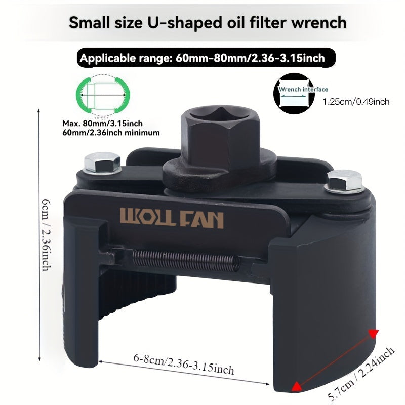 Adjustable Oil Filter Wrench, German U-Shaped Multi-Function, Two-Jaw Reversible Mechanism, Black Metal with Hex Socket and Adjustment Knob for Engine Maintenance