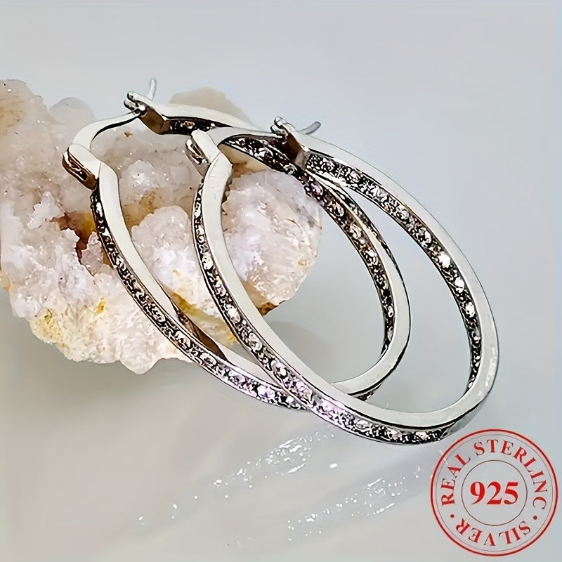 Elegant 925 Sterling Silver Large Shiny Earrings, Perfect for Weddings and Parties, Synthetic Cubic Stone