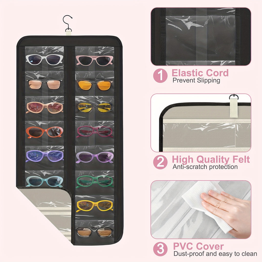 Hanging Fashion Glasses Organizer, -Sided Glasses Case and Jewelry Storage Holder, Wall-Mounted, 32 Clear Slots, Dust-Proof for Travel