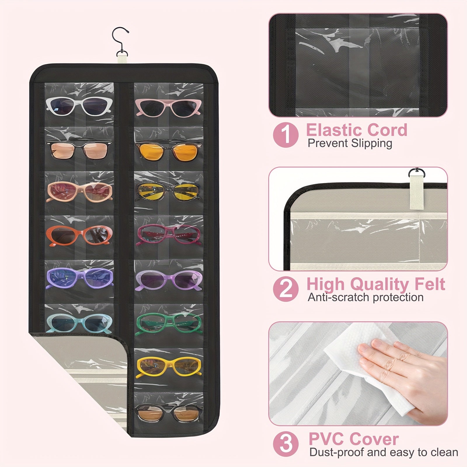 Hanging Fashion Glasses Organizer, -Sided Glasses Case and Jewelry Storage Holder, Wall-Mounted, 32 Clear Slots, Dust-Proof for Travel