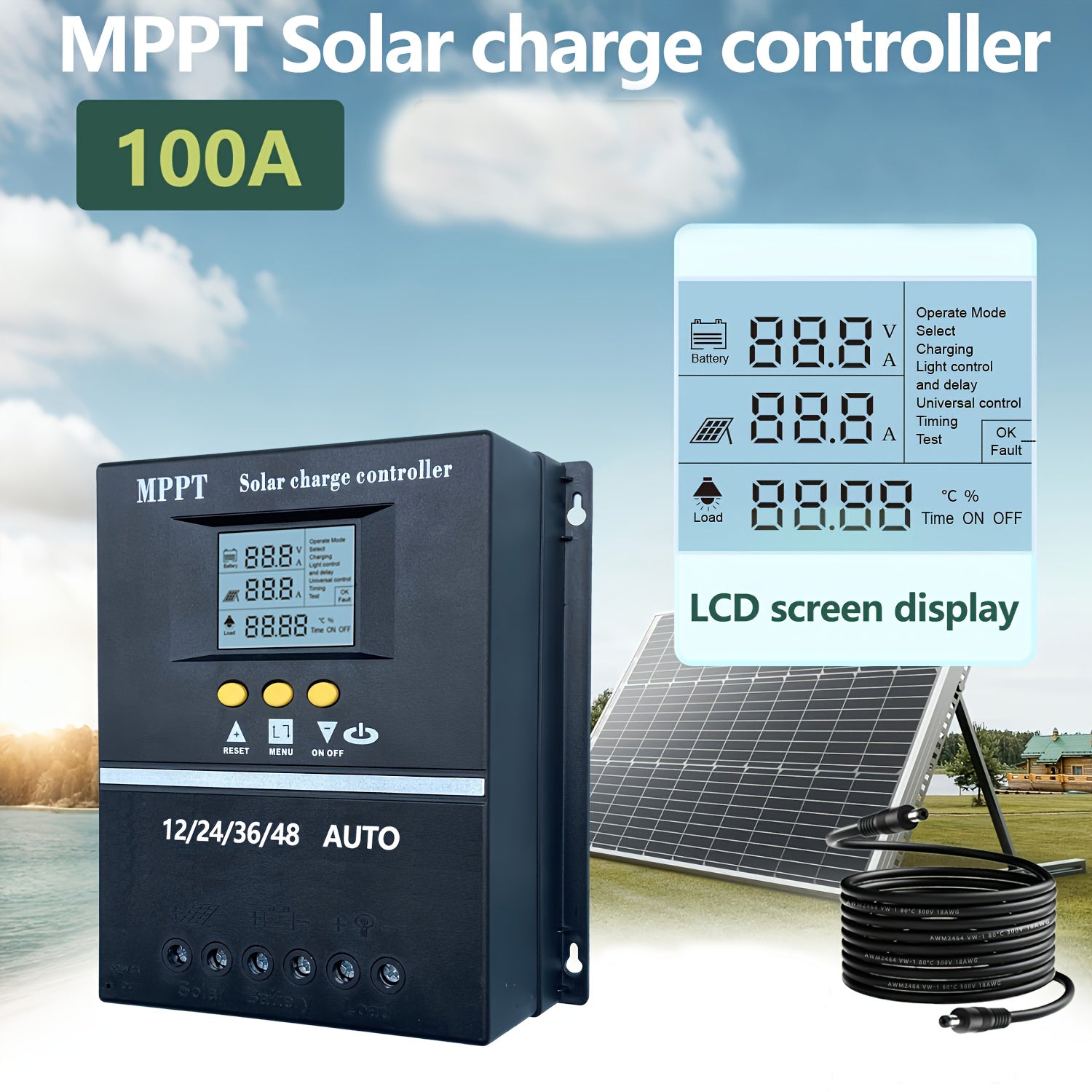 100A MPPT Solar Charge Controller with LCD Display, Auto Tracking, Compatible with Lead-Acid Batteries, Ternary Lithium Batteries, Lithium Iron Phosphate Batteries, Suitable for Off-Grid Solar Systems, Rvs, Ships, Without Battery