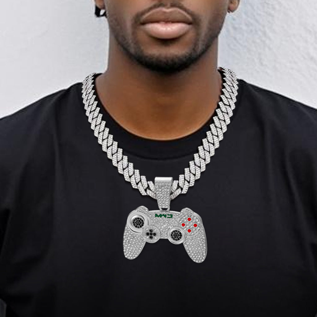 2pcs Fashionable Game Controller Pendant Necklace with Rhinestones - Men's Hip - Hop Cuban Chain, Ideal for Music Festivals, EDM Parties