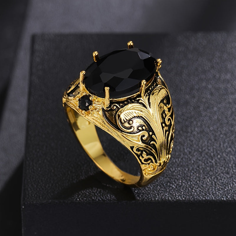 A Vintage Men'S Ring with a Black Oval Setting And Cubic Zirconia Retro Surface, Elegant Single Ring Jewelry Gift for Both Women And Men, a Daily Casual Ring, Without Battery