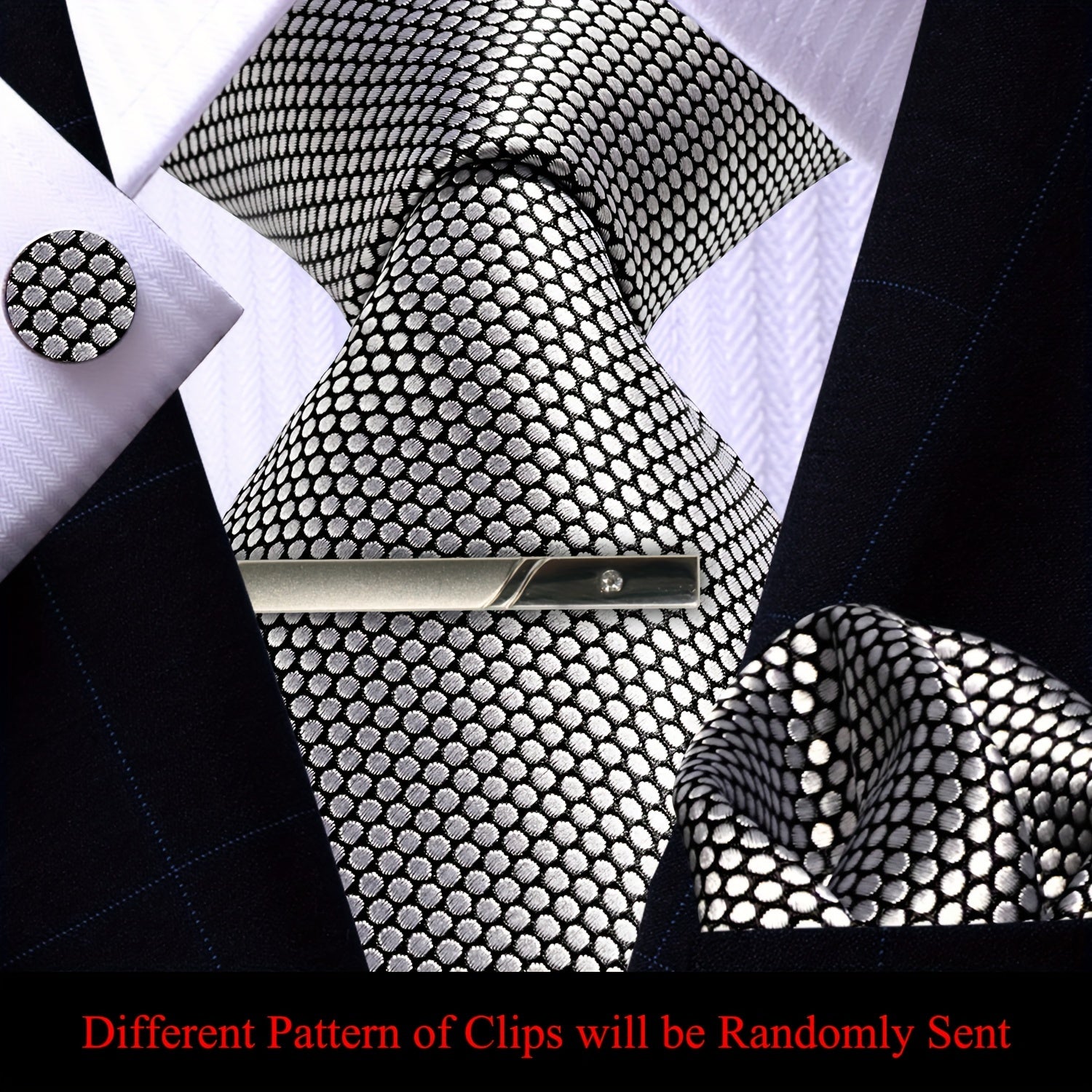 4pcs Mens Silvery Grey Tie Set Necktie Pocket Square Cufflinks And Clip Set for Wedding Groom Party Business Mens Gift