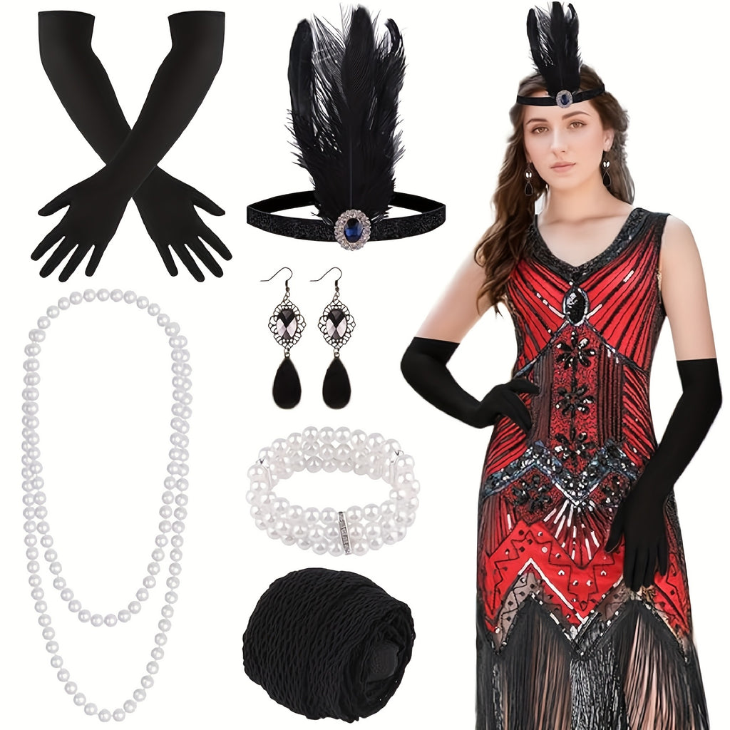 1920s V Neck Sequin Beaded Fringed Dress with 20s Accessories Set