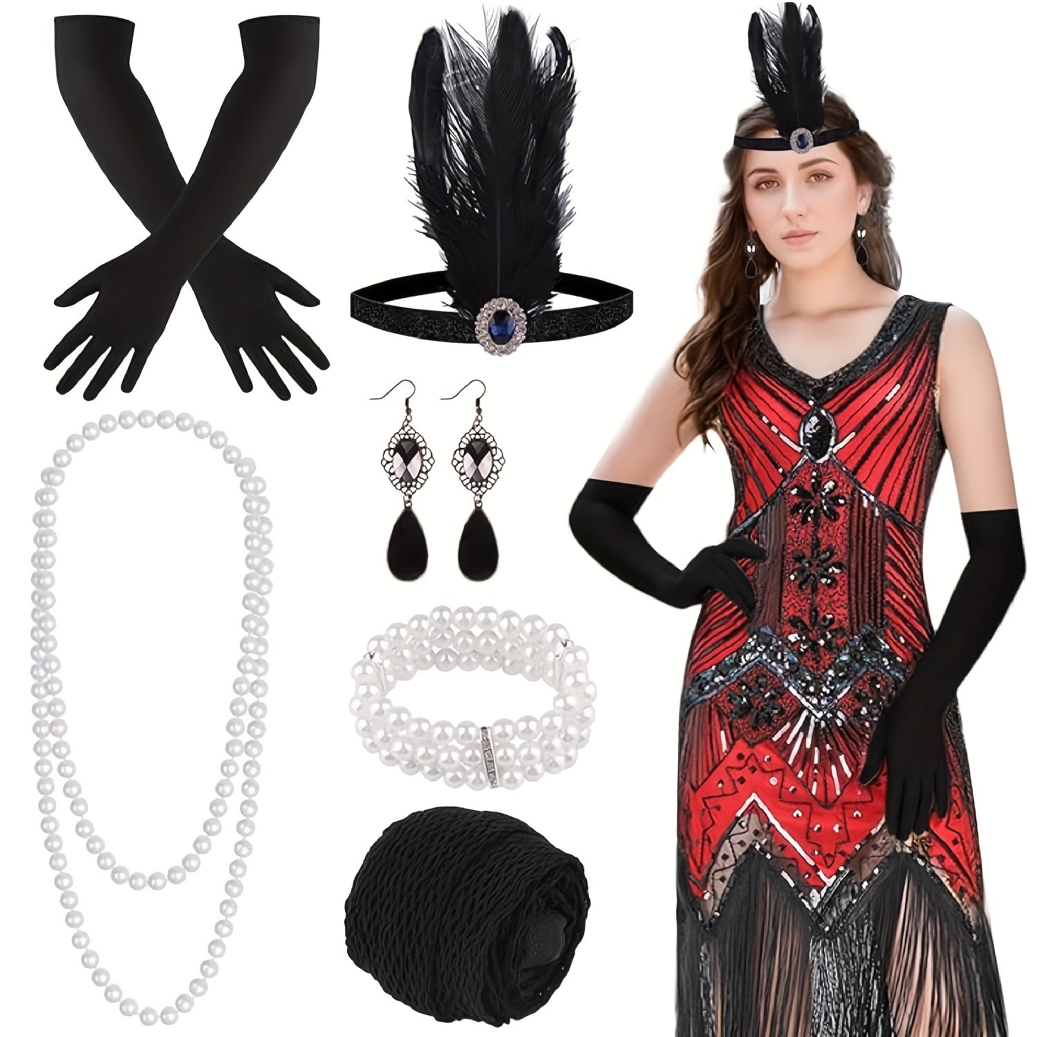 1920s V Neck Sequin Beaded Fringed Dress with 20s Accessories Set
