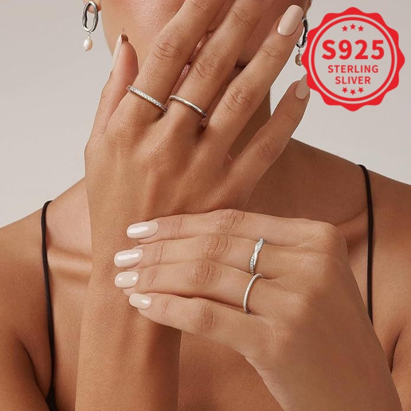 [Sterling Silver Rings] 4pcs Set Of 925 Sterling Silver Twist Halo Rings For Women - Fashionable, Stackable, Suitable For Daily And Party Wear, Total Weight Of The Product (2.93g)