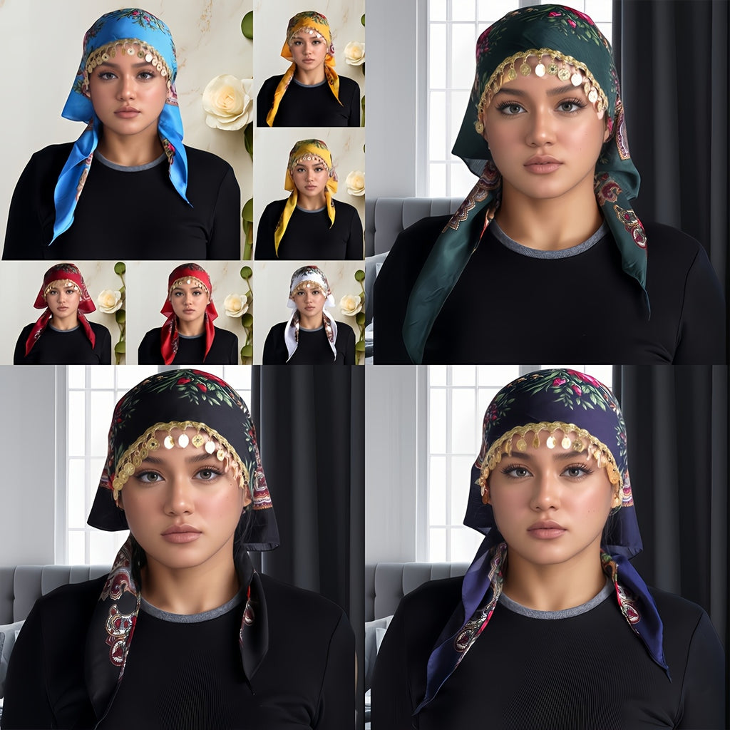 Elegant Golden Chain Headscarf - Breathable Lightweight 100% Polyester Shawl with Intricate Floral Print, Adjustable Closure for Ramadan & Special Occasions, Multi-Color Traditional Headgear