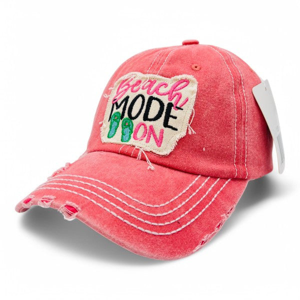 Beach Mode On Vintage Distressed Embroidered Baseball Cap For Women - 100% Cotton, Breathable, Casual, Adjustable, UV Protection