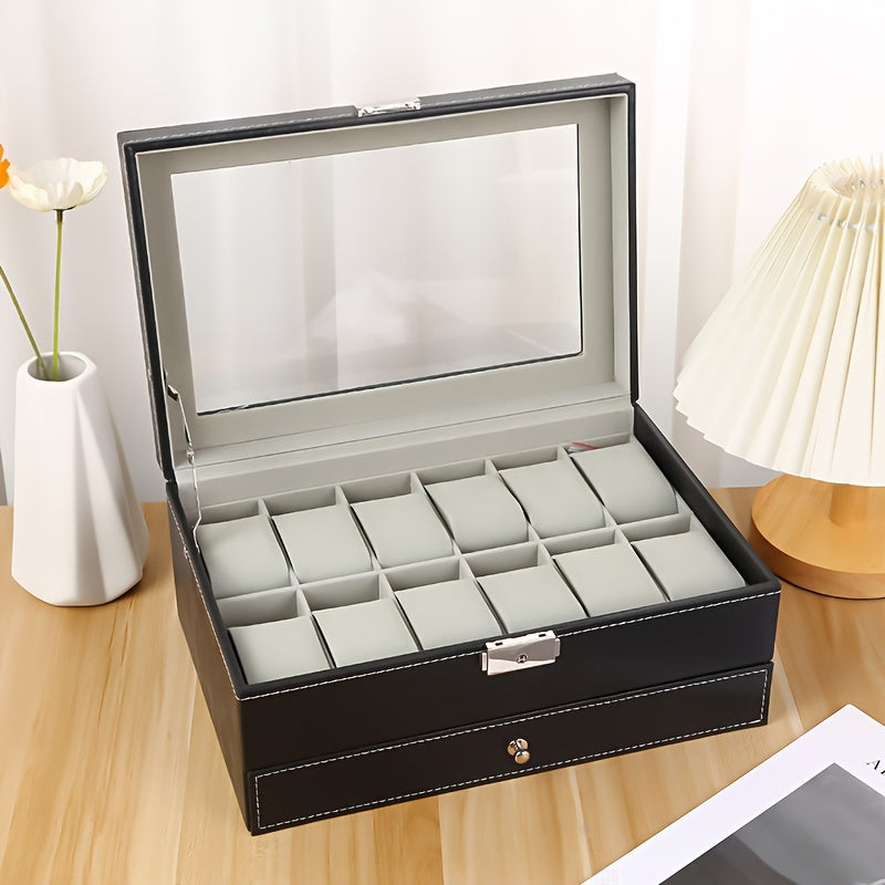 KYPHIREL - Men's Watch Box, 12-Slot Men's Watch Box with Drawer, Watch Display Box with Glass Lid, 2-Layer Watch Organizer, Gift for Valentine's Day, Mother's Day, Christmas, Halloween, Thanksgiving