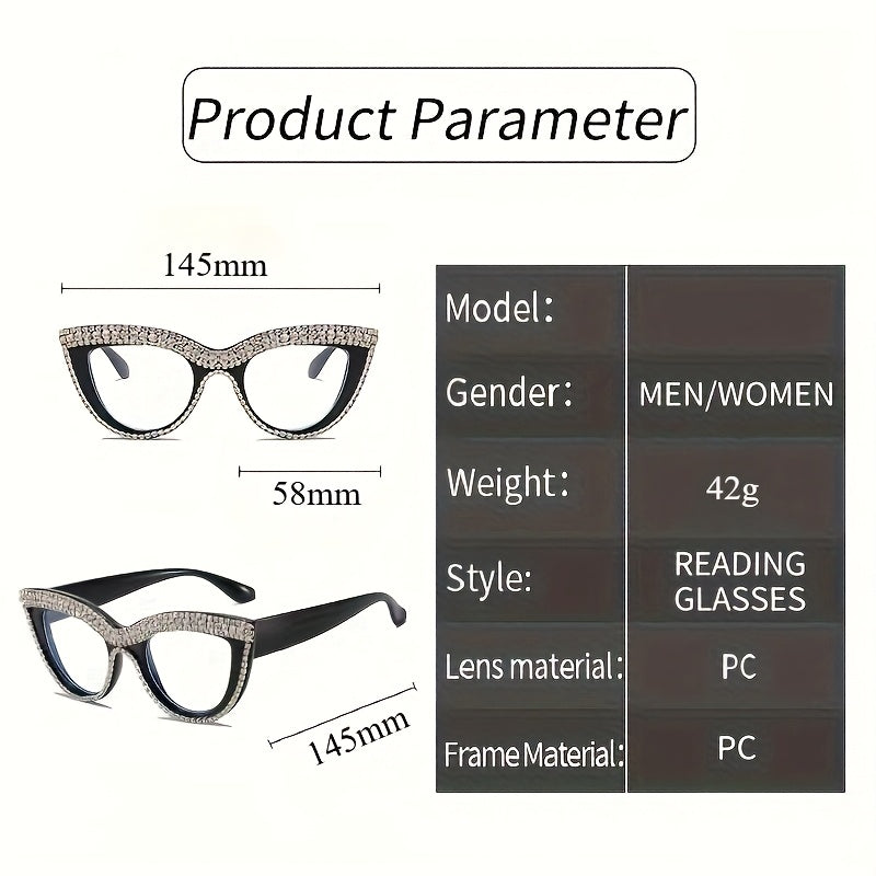 2pcs Cat-Eye Blue Light Blocking Reading Glasses for Women | Rhinestone Decor PC Frames | Versatile for Home Office & Party Wear | A Great Holiday Gift for Girlfriend/Mother