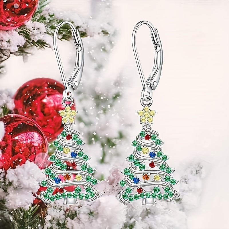 S925 silver elegant Christmas tree pendant earrings with sparkling cubic synthetic Synthetic Zirconia, perfect for daily wear and party holiday gifts