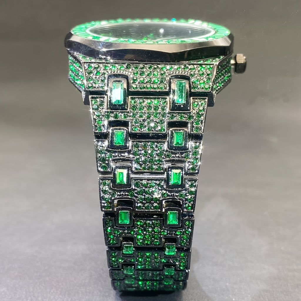 MISSFOX Fashion Green Watch For Mens Luxury Iced Out Quartz Watch Mans Hip Hop Square Rhinestone Jewelry Wristwatch Reloj 2024 New