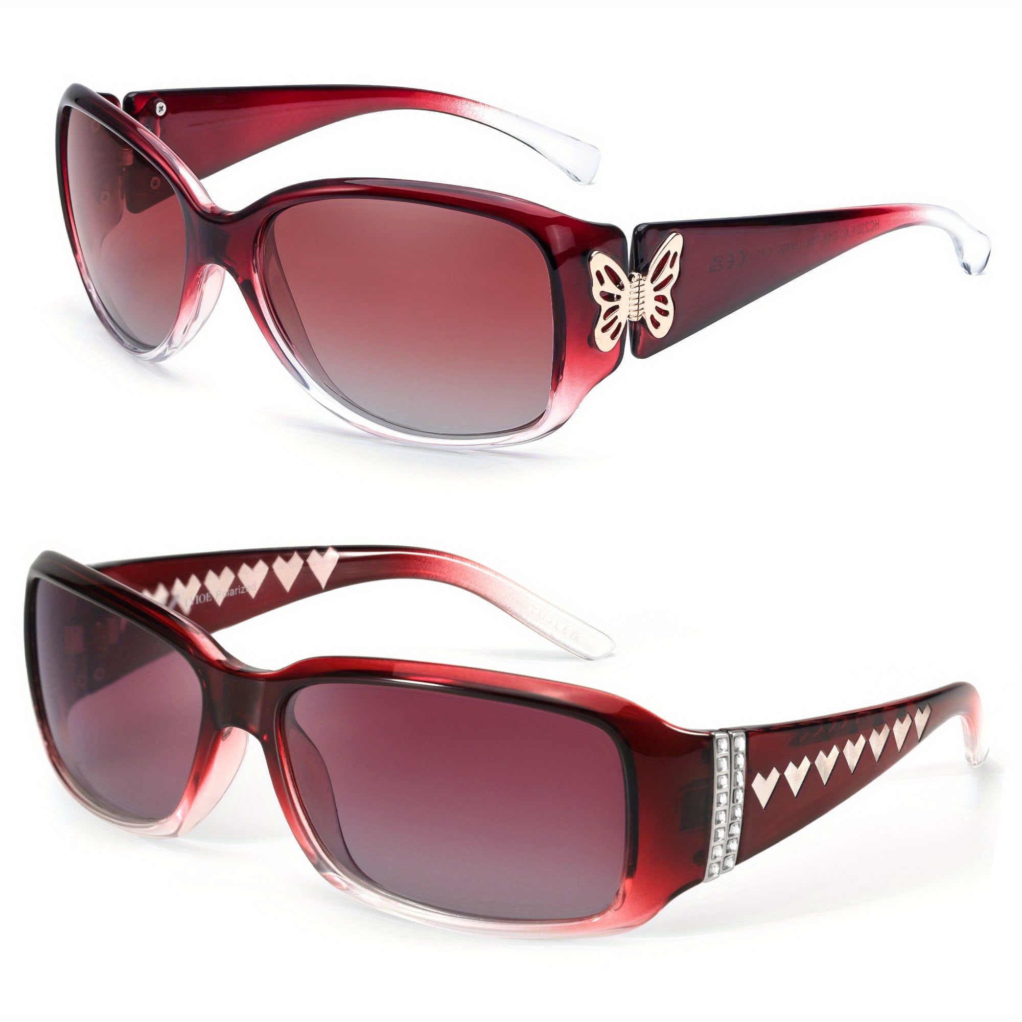 [2pcs] Women'S Polarized Sunglasses with Wrap-Around Butterfly Heart Design, Trendy Jackie-O Style for UV400 Protection