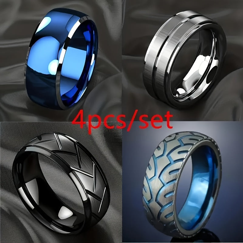 4pcs Set of Timeless Blue And Black Stainless Steel Tire Pattern Men'S Rings - Hypoallergenic, Brushed End, Fashionable Combination Engagement And Wedding Bands - Durable, Scratch-Resistant, And Comfortable Jewelry