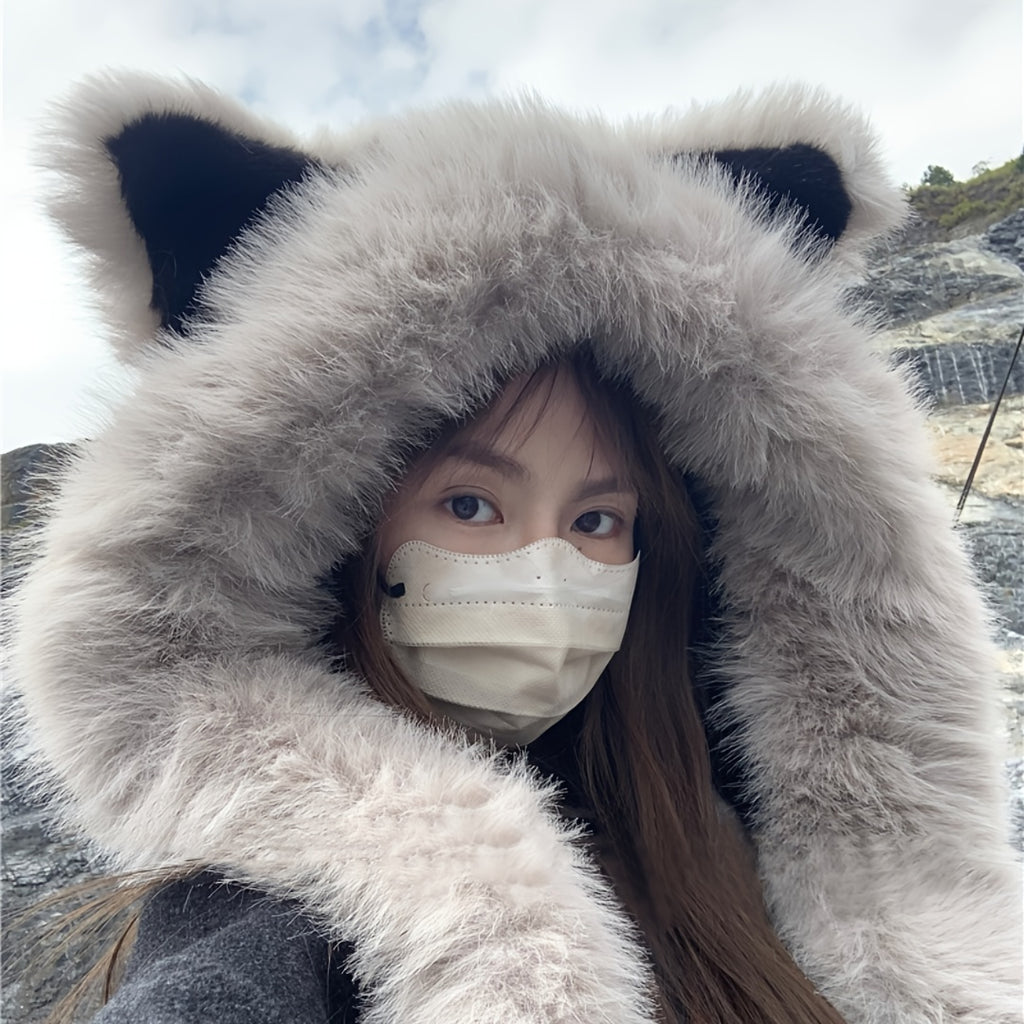 1pc Soft Polyester Faux Cat Ear Hat with Integrated Scarf - Lightweight Warm Winter Hat Suitable for Men & Women, Cozy Cat Ears for Themed Parties, Bachelor Parties, Casual Attire