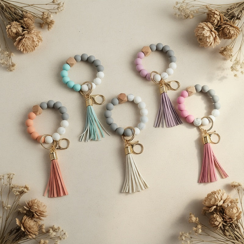 5pcs Marble Beaded Wrist Keychain Set, Simple and Stylish Women's Key Holder, Anti-Loss Key Ring, Holiday Gift