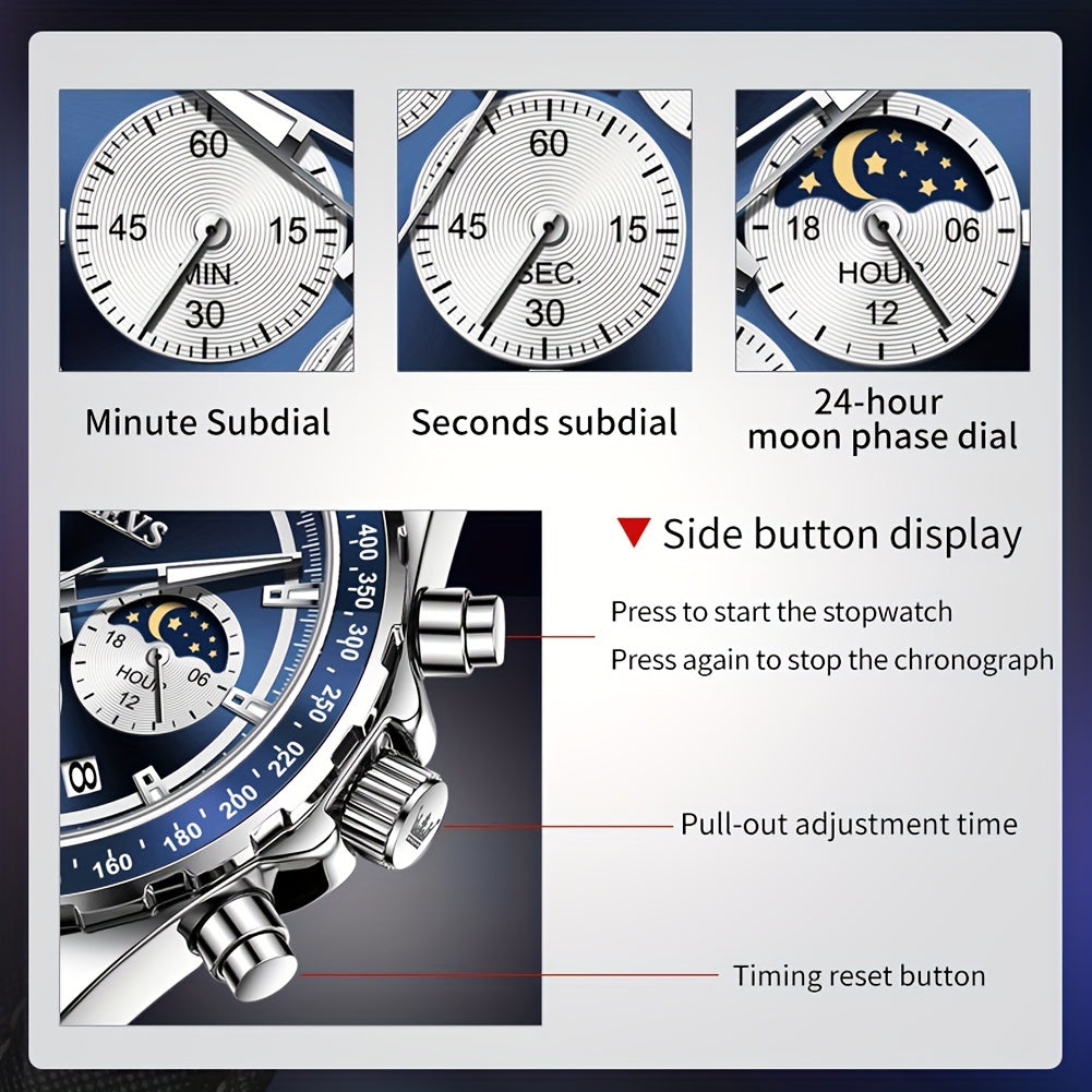 OLEVS Men'S Luxury Watches Blue Leather, Casual Watches for Men, Chronograph Watches Moon Phase Quartz Male Watch Waterproof Wrist Watch Big Face with Calendar Wristwatch Relojes De Hombre