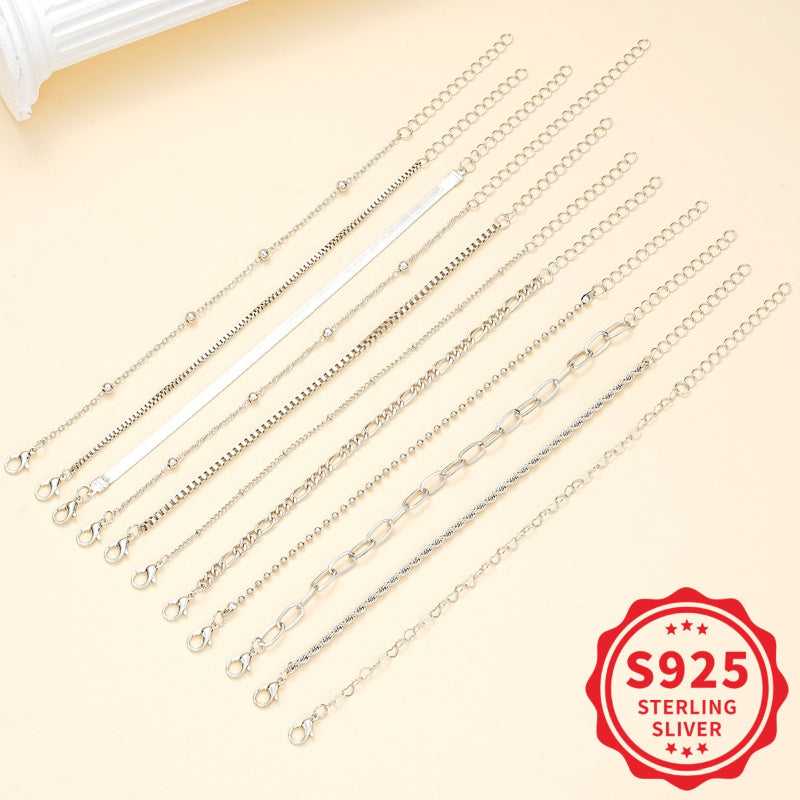 925 Sterling Silvery Women's Simple Twisted Snake Bone Chain Bracelet Set(11pcs), Perfect for Vacations, Gifts, and Casual Attire.