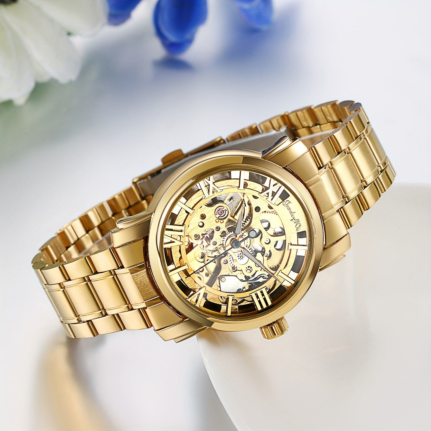 Luxury Men'S Stainless Steel Transparent Skeleton Automatic Mechanical Wrist Watch, Without Battery