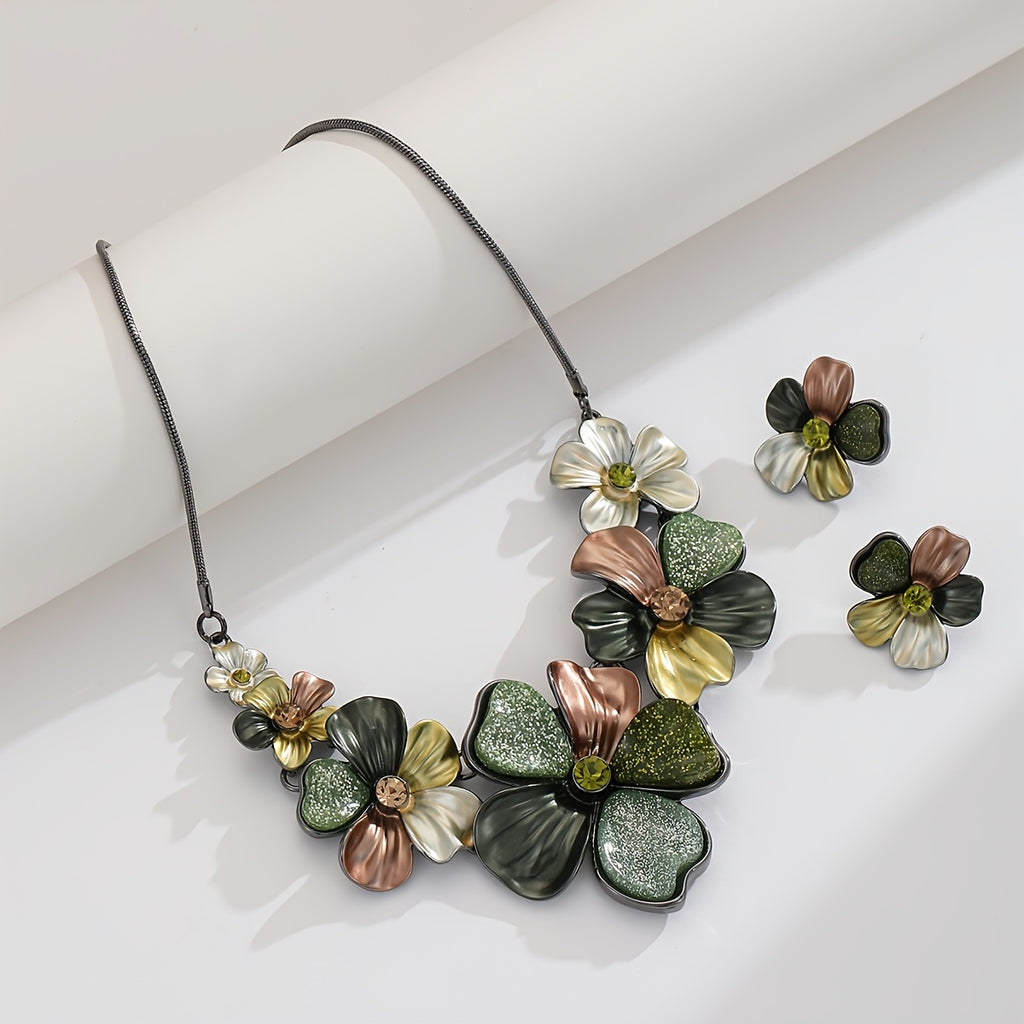 Chunky Statement Jewelry Set Vintage Retro Green Flower Floral Leaf Aesthetic Bohemian Boho Bib Necklace Earring Set Fashion Costume Jewelry for Women Wedding Party Prom Unique GiftBand Box Christmas Thanksgiving