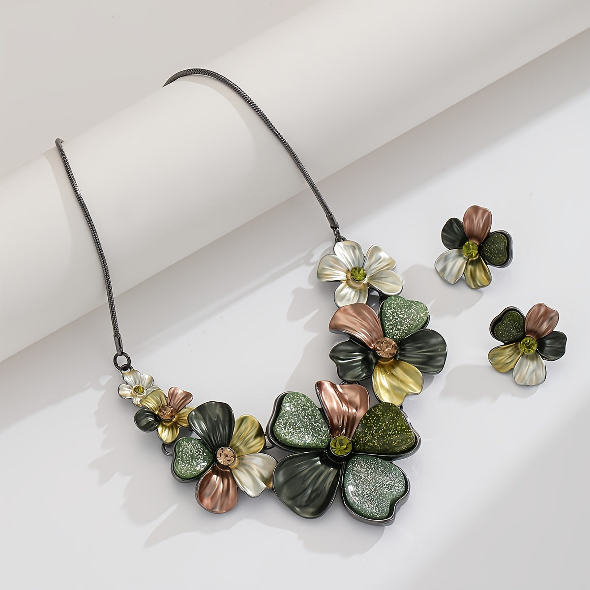 Chunky Statement Jewelry Set Vintage Retro Green Flower Floral Leaf Aesthetic Bohemian Boho Bib Necklace Earring Set Fashion Costume Jewelry for Women Wedding Party Prom Unique GiftBand Box Christmas Thanksgiving