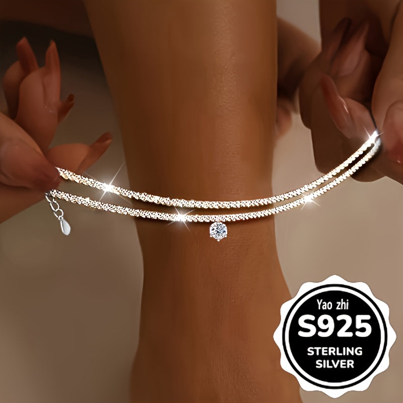 [Parties Overseas Events] 3pcs Set - Elegant 925 Sterling Silvery Women's Sparkling Synthetic Zirconia Wave And Braided Anklets for Parties And Overseas Events. Total Weight of The Product (1.96G)
