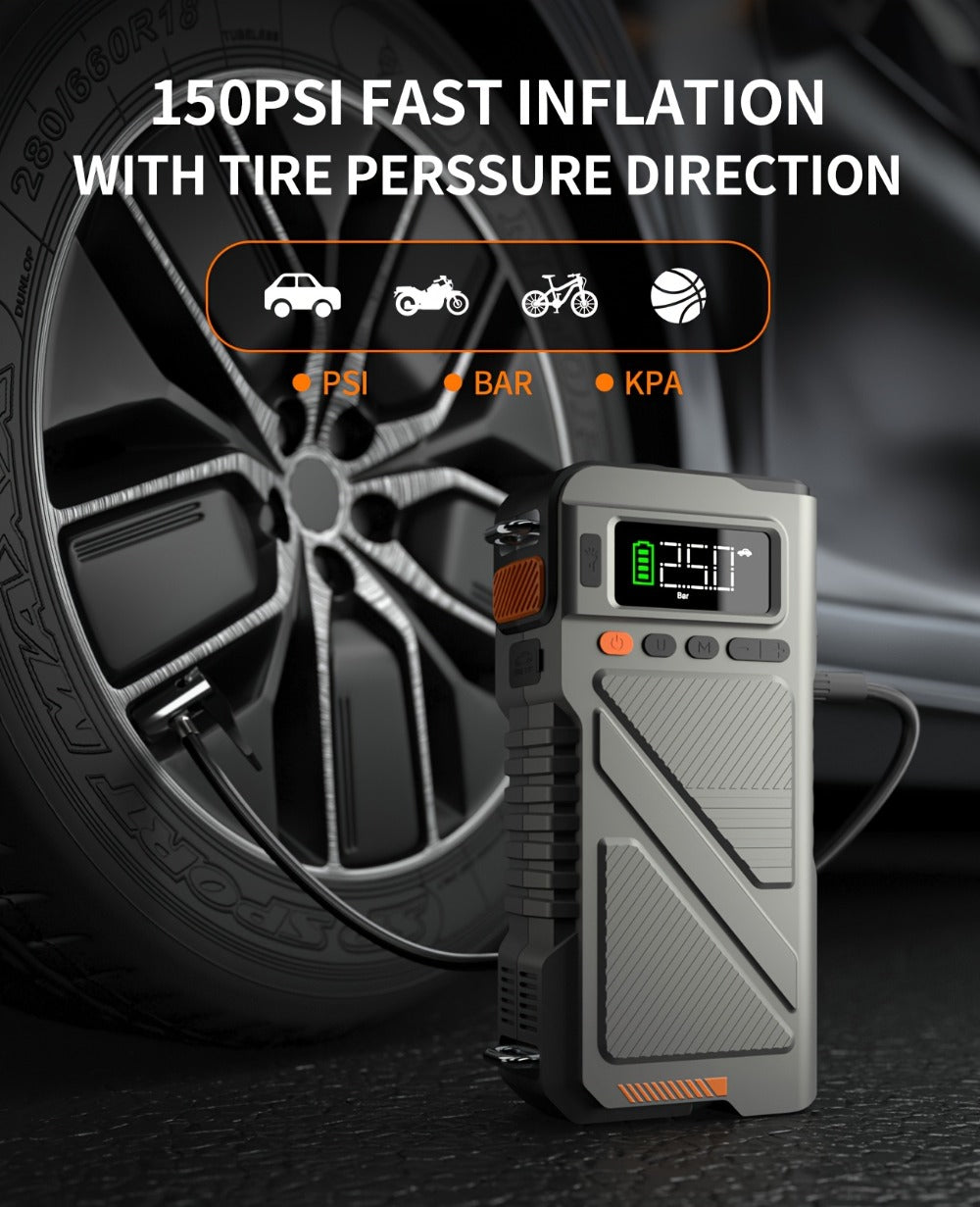 6000A Jump Starter with Air Compressor, 7in 1 Function Jump Box 150PSI Jump Starter Battery Pack with Digital Tire Inflator, Car Battery Charger Portable for 2.64gal Gas Or2.38gal Diesel Battery Charger, Car Jumper Starter Portable, 6000A& 8000A