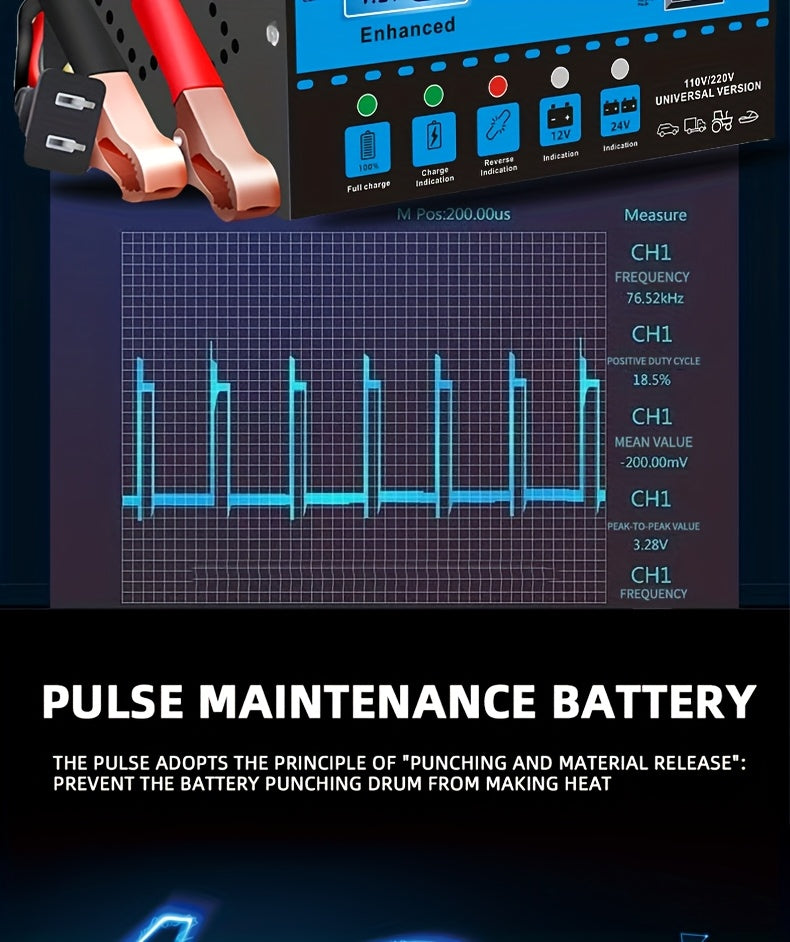 [Intelligent] 12V And 24V Intelligent Universal Battery Charger Inverter, With LCD Display Intelligent Maintenance Overcharge And Short Circuit Protection, Suitable For Intelligent Trickle Charging Maintenance Of Various Cars, Yachts, And Batteries