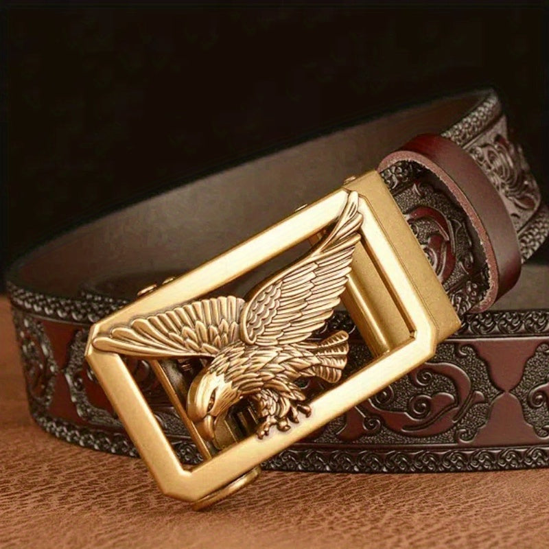 POYYAS Men' & Women' Genuine Leather Belt with Eagle Buckle - Retro Western Cowboy/Buckle Belt Suitable for Men & Women, Adjustable Strap, Durable Casual/Formal Wear for Festive Occasions (Father' Day Gift)