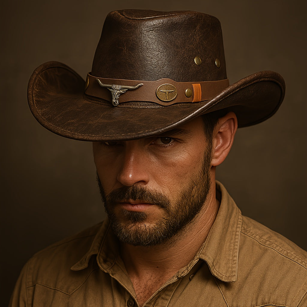 [Western Cowboy Hat] Men's Western Cowboy Hat - Brown Synthetic Leather Wide Edge Hat, Non Textile Material, Ideal for Summer Parties and Outdoor Activities, Outdoor Headwear | Wide Edge Hat | Durable Headwear