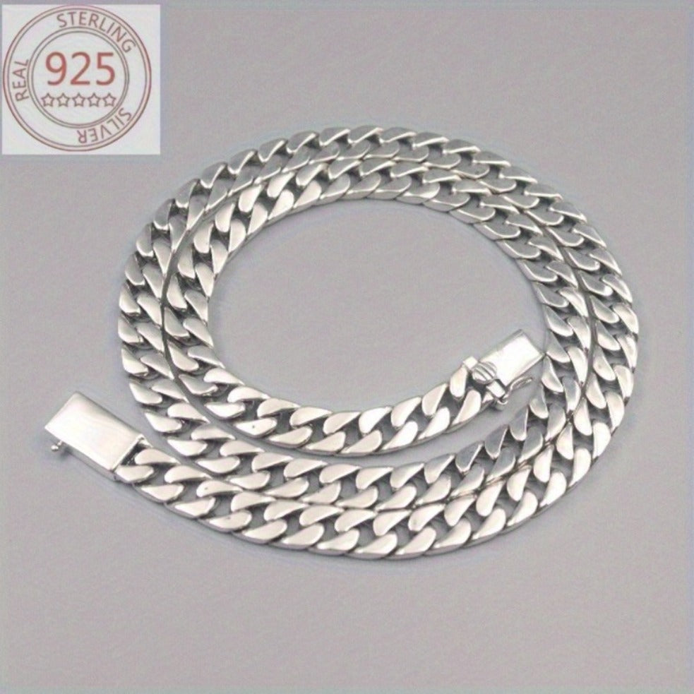 A 925 Sterling Silver Cuban Chain Necklace, Suitable for Men, Width 10Mm, Length 20-24 Inches, Anti-Allergic Sports-Themed Jewelry, Stylish Pendant-Free Design