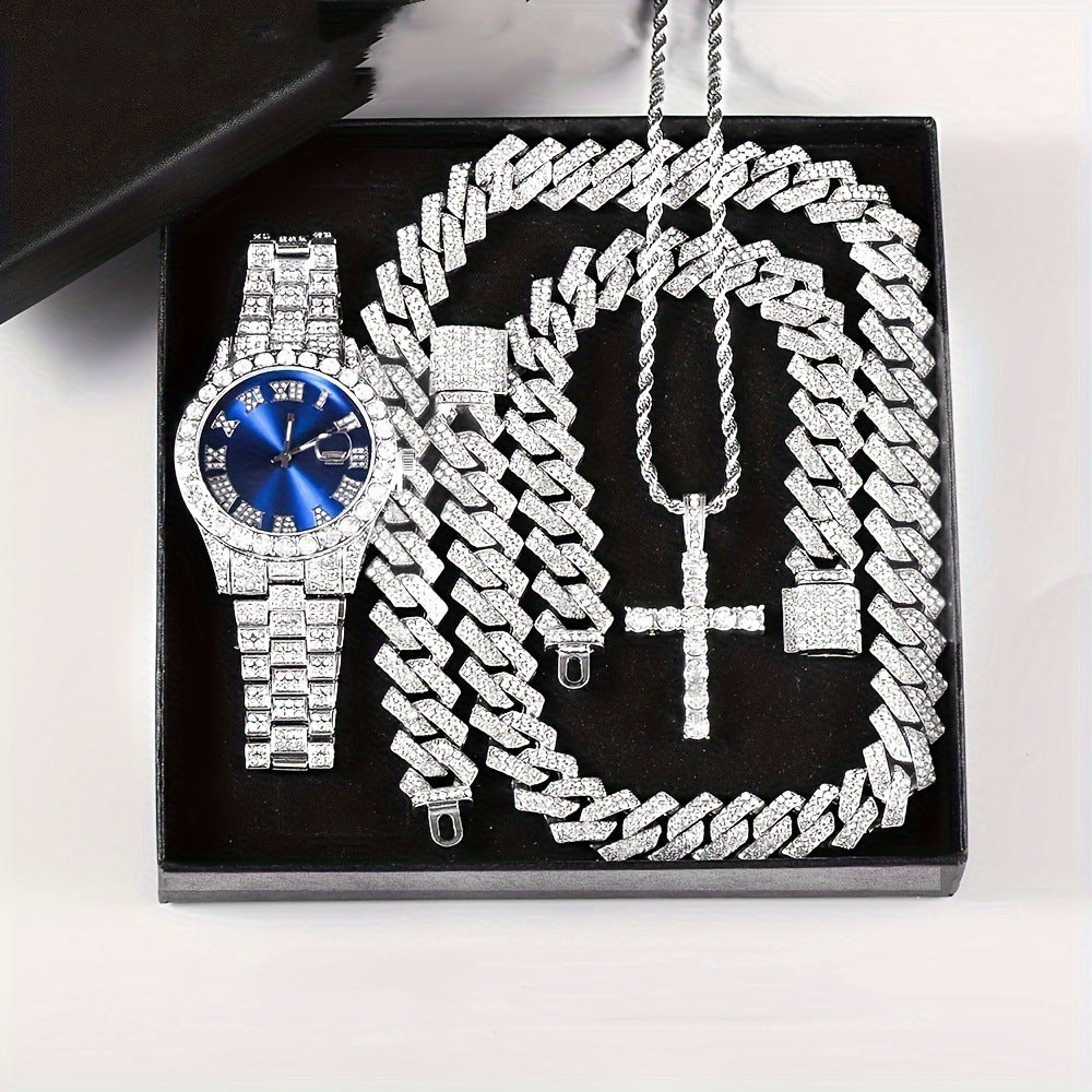 Luxury Cuban Link Jewelry Set: Necklace, Bracelet, Pendant Necklace, and Wristwatch Full Set - Ideal Gift for Holiday Celebrations, Valentine's Day, Christmas, and Birthdays
