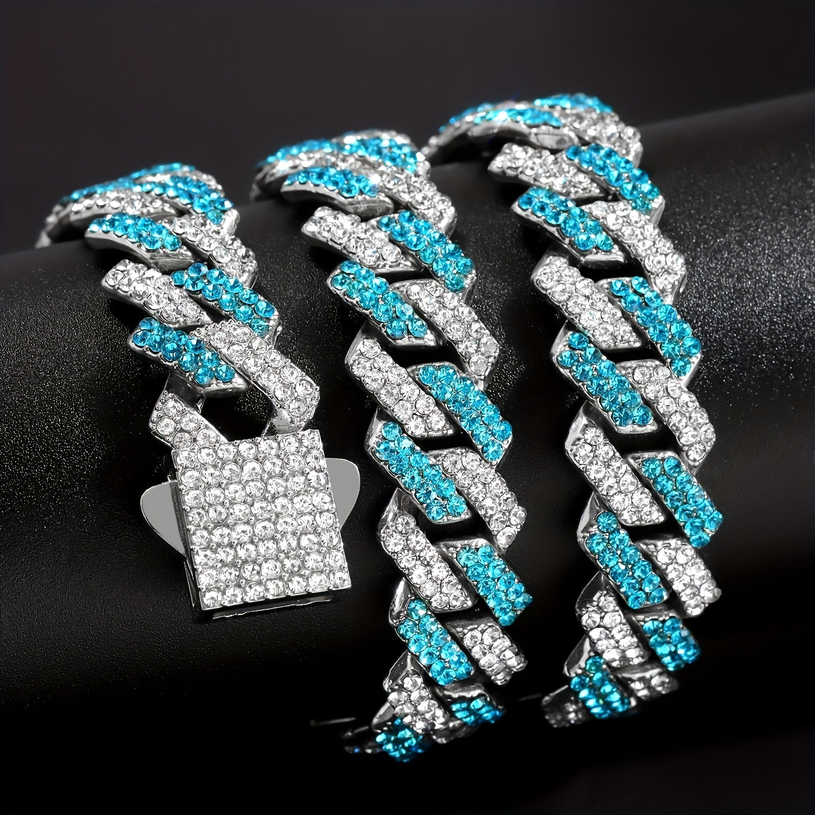 Full Set Of Rhinestones Embellished Geometric Blue Heavy Cuban Link Chain Necklace for Men And Women - Durable Zinc Alloy Construction, Non-Precious Metal Plating, Personality Jewelry with Mosaic Rhinestones, Hip Hop Style, Perfect for Fashion Lovers